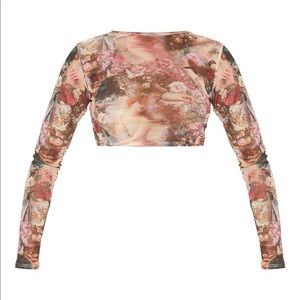 Printed mesh long sleeve crop top
